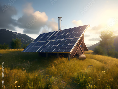 solar panel with sunlight and blue sky background. concept clean energy power in nature 