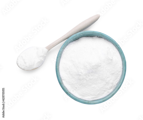 Bowl and spoon with sweet fructose powder on white background, top view