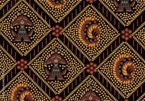 Indonesian Batik, a dyeing technique with wax applied to cloth. Development of Sidomukti motifs with various colors