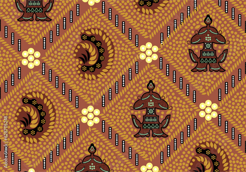 Indonesian Batik, a dyeing technique with wax applied to cloth. Development of Sidomukti motifs with various colors