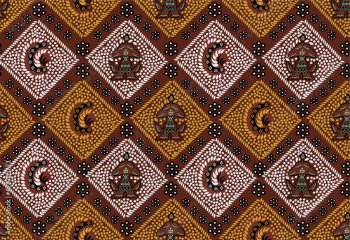 Indonesian Batik, a dyeing technique with wax applied to cloth. Development of Sidomukti motifs with various colors
