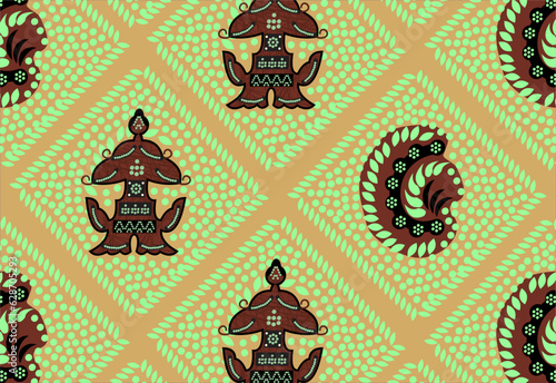Indonesian Batik, a dyeing technique with wax applied to cloth. Development of Sidomukti motifs with various colors