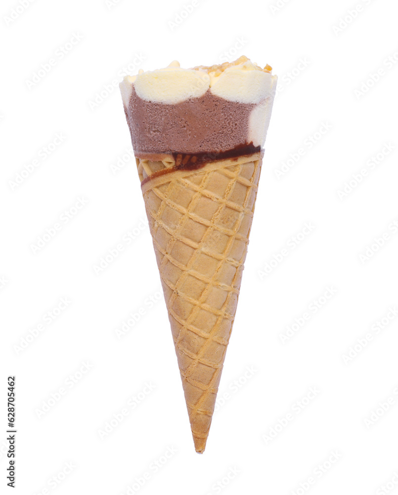 Delicious ice cream in waffle cone isolated on white, top view Delicious ice cream in waffle cone isolated on white, top view