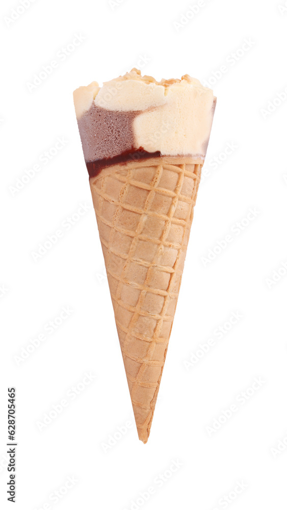 Delicious ice cream in waffle cone isolated on white Delicious ice cream in waffle cone isolated on white