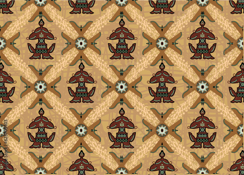 Indonesian Batik, a dyeing technique with wax applied to cloth. Development of Sidomukti motifs with various colors