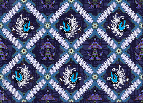 Indonesian Batik, a dyeing technique with wax applied to cloth. Development of Sidomukti motifs with various colors