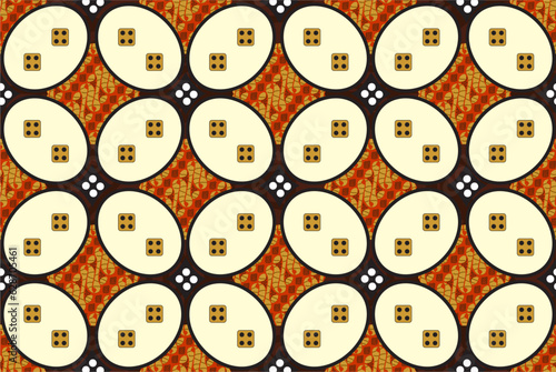 Indonesian Batik, a dyeing technique with wax applied to cloth. Development of Kawung motifs with various colors