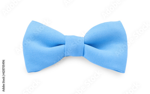 Stylish light blue bow tie on white background