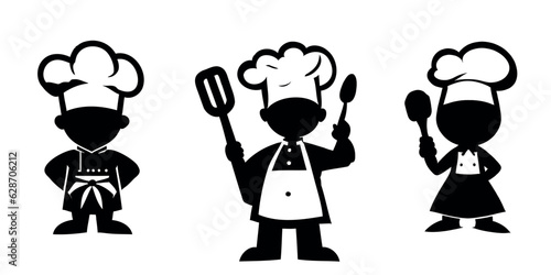 Cartoon chef in a hat, black silhouette on transparent background vector set