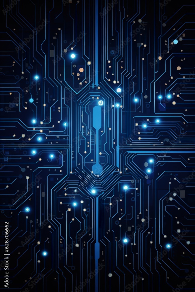 blue technology circuit board on the dark background. Generative AI
