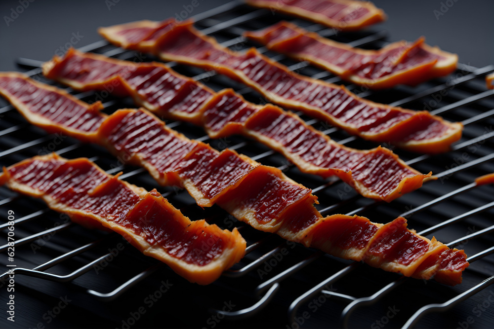 Close-up of perfectly prepared slices of bacon, providing an unparalleled flavor for true gourmets. Generated by AI