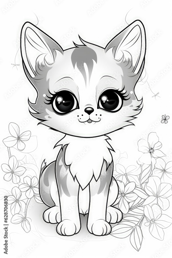 a Cute kawaii cat, for coloring book flowery background. Generative AI