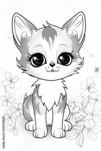a Cute kawaii cat, for coloring book flowery background. Generative AI © Ilugram