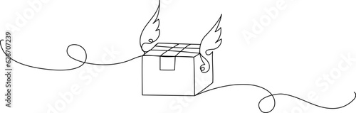 Continuous one line drawing of flying box with wings. Online shopping and delivery concept. Simple vector illustration