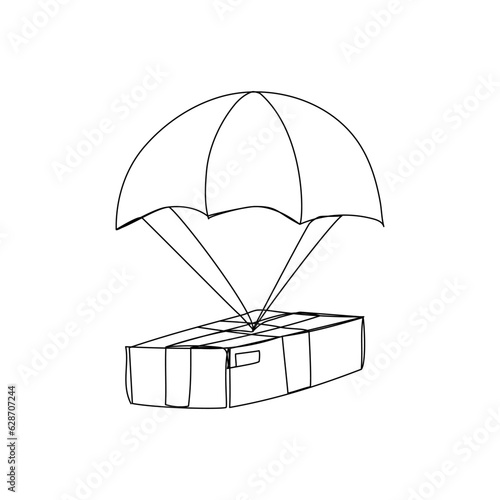 Continuous one line drawing of parachute carrying delivery box. Online shopping and delivery concept. Simple vector illustration
