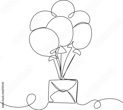 Continuous one line drawing of flying on balloons envelope. Online shopping and delivery concept. Simple vector illustration