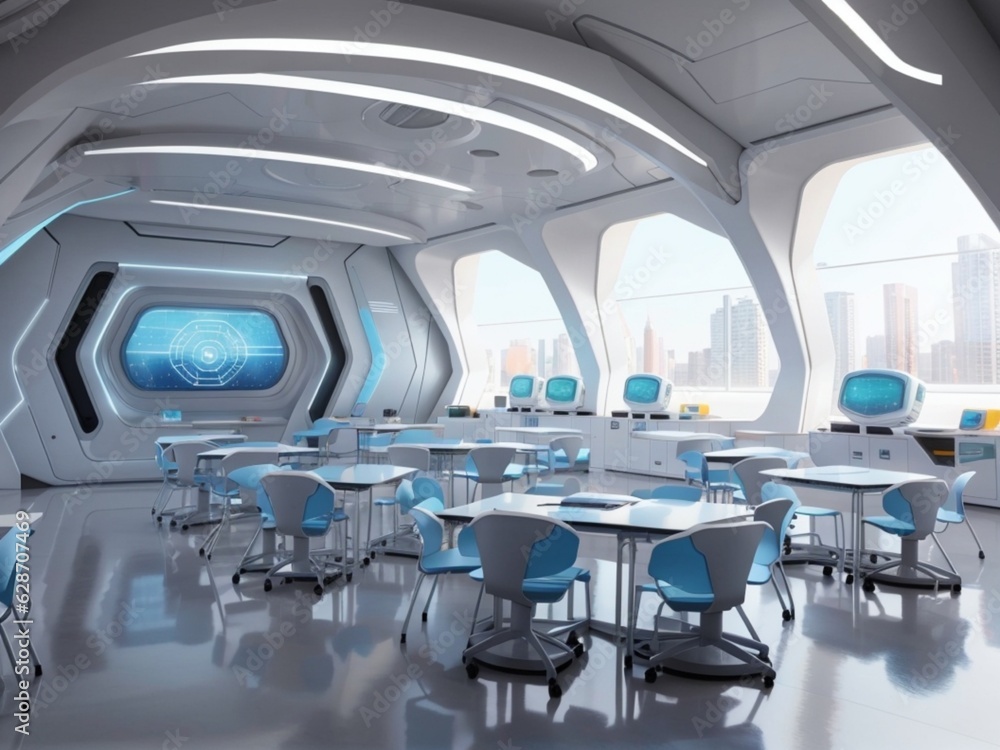 Fototapeta premium Futuristic classroom with a large screen and table with chairs and windows 