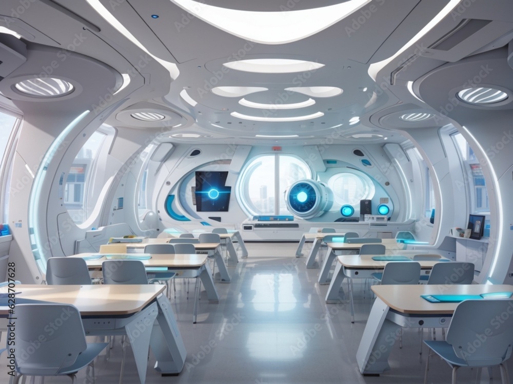 Fototapeta premium Futuristic classroom with a large screen and table with chairs and windows