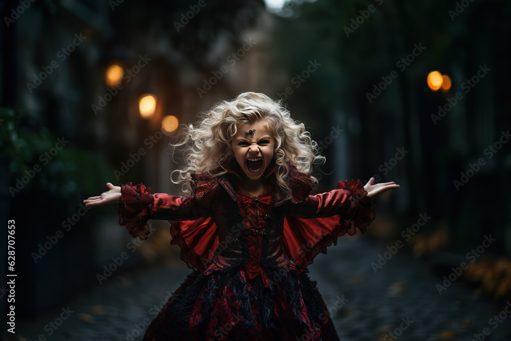 Cute girl Dressed as a Vampire for Halloween Holidays concept and Kid makes funny and crazy face emotion at outdoor