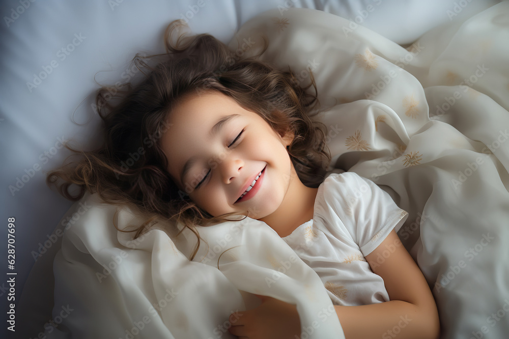 Smiling kid girl lying on a bed sleeping on white sheets. Sweet dreams. Happy smiling kid sleeping. Little blond girl wearing white blouse in white bedclothes Smiling kid girl lying on a bed sleeping on white sheets. Sweet dreams. Happy smiling kid sleeping. Little blond girl wearing white blouse in white bedclothes