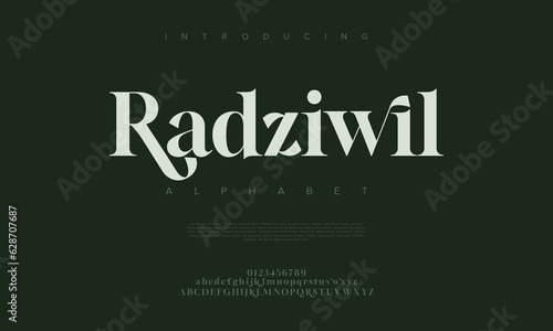 Radziwil premium luxury elegant alphabet letters and numbers. Elegant wedding typography classic serif font decorative vintage retro. Creative vector illustration photo