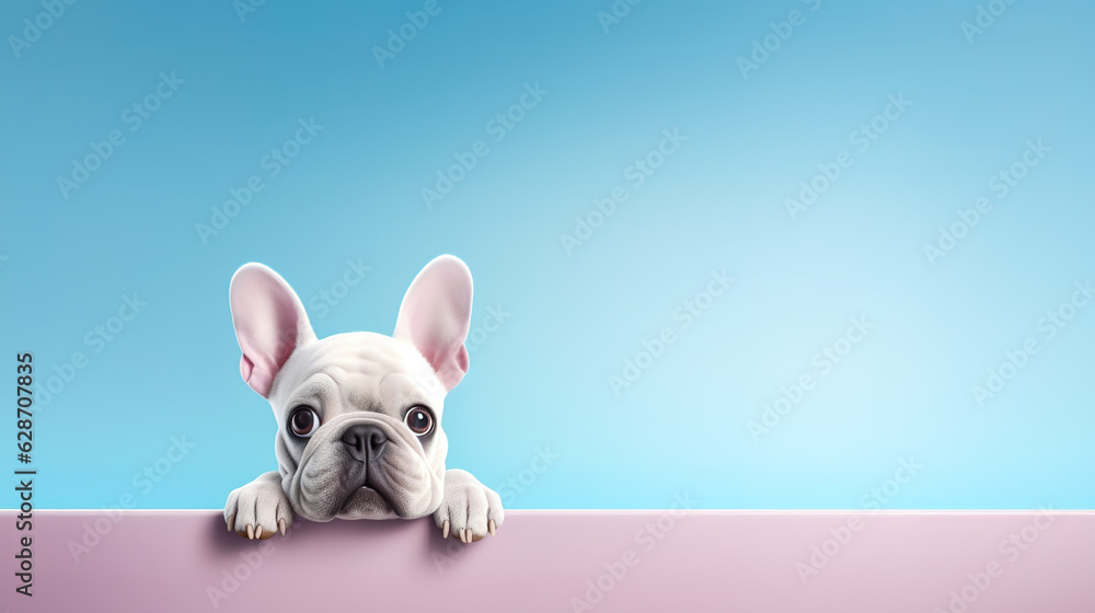 Cute French bulldog puppy isolated on light blue background with copyspace for text on the right side.