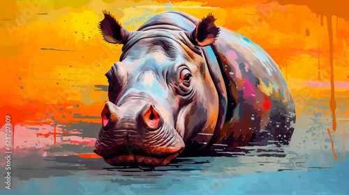 Hippopotamus illustration in abstract mixed grunge colors digital painting in minimal graphic art style. Digital illustration generative AI. © Tepsarit
