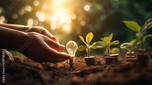 Nurturing Business Ideas: Plant Growth from Coins with Blooming Lightbulbs - Made with Generative A photo