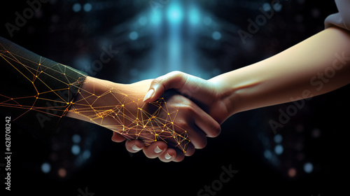 Embracing the Concept of Empowering Business Connections in the Era of Technological Advancement: Two Strong-Willed Businesswomen, Dressed in Elegant Suits, Firmly Shake Hands, Symbolizing Trust and C
