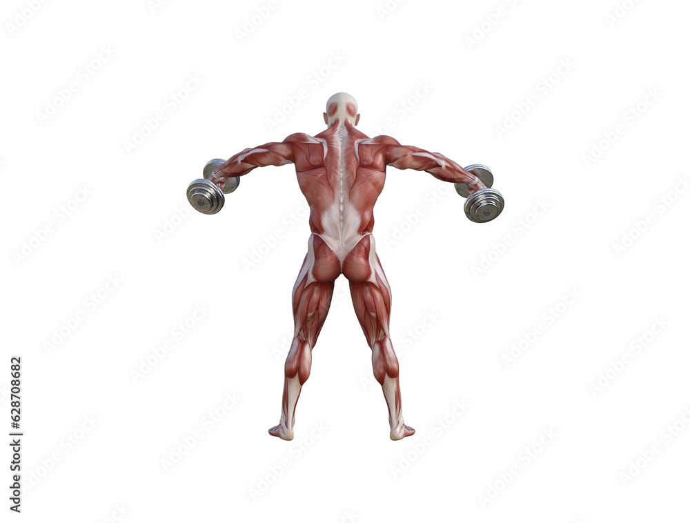 Muscle anatomy of man performing workout exercises using dumbbells and barbell Muscle anatomy of man performing workout exercises using dumbbells and barbell
