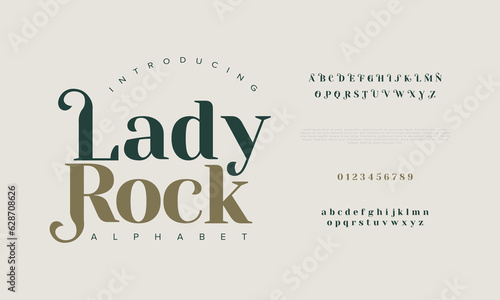 Ladyrock creative vintage alphabet font. Digital abstract moslem, futuristic, fashion, sport, minimal technology typography. Simple numeric vector illustration