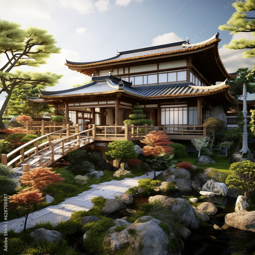 Naklejka premium 屋根とささやかな庭のある日本家屋