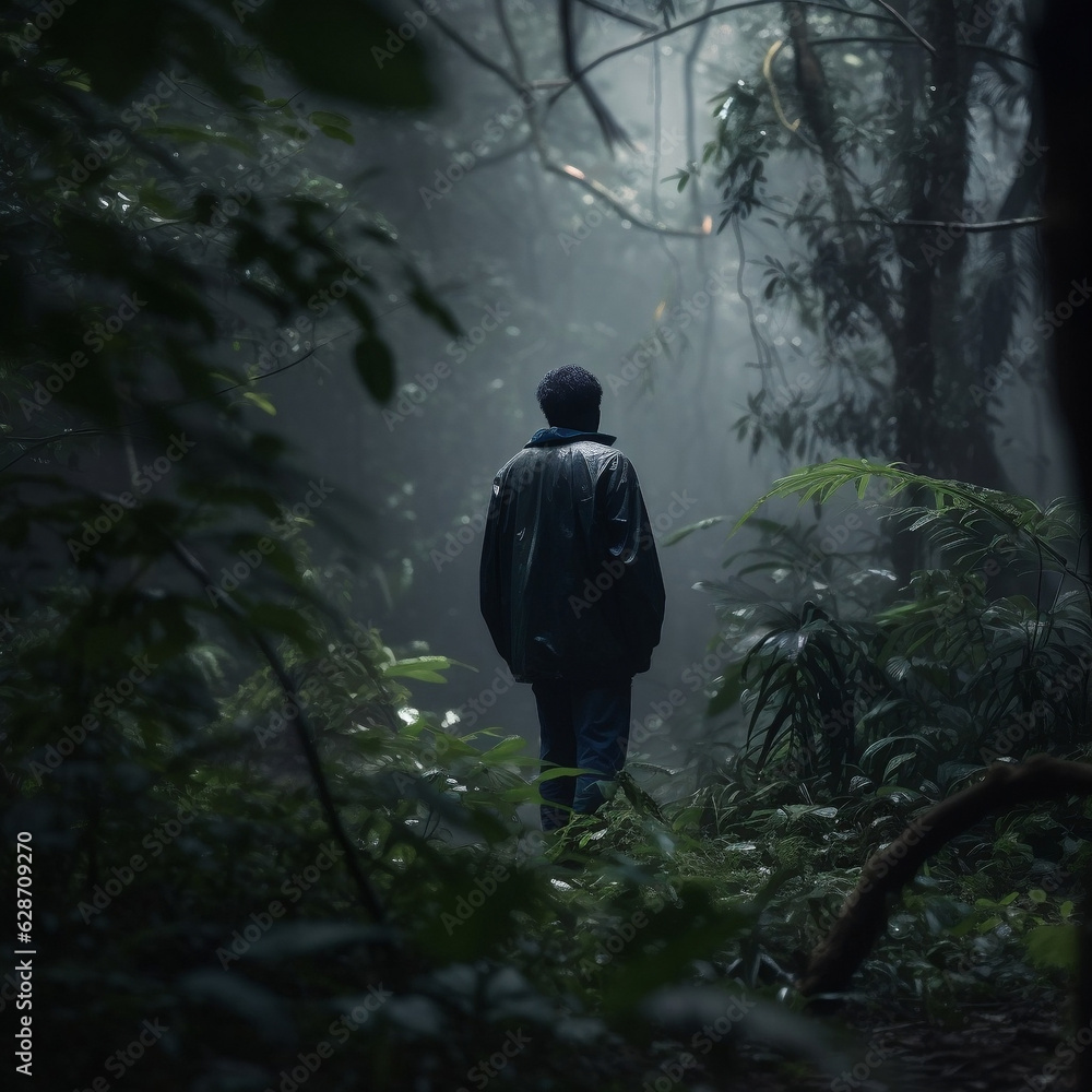 man stands in rain forest