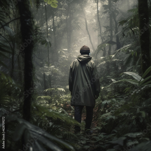 man stands in rain forest