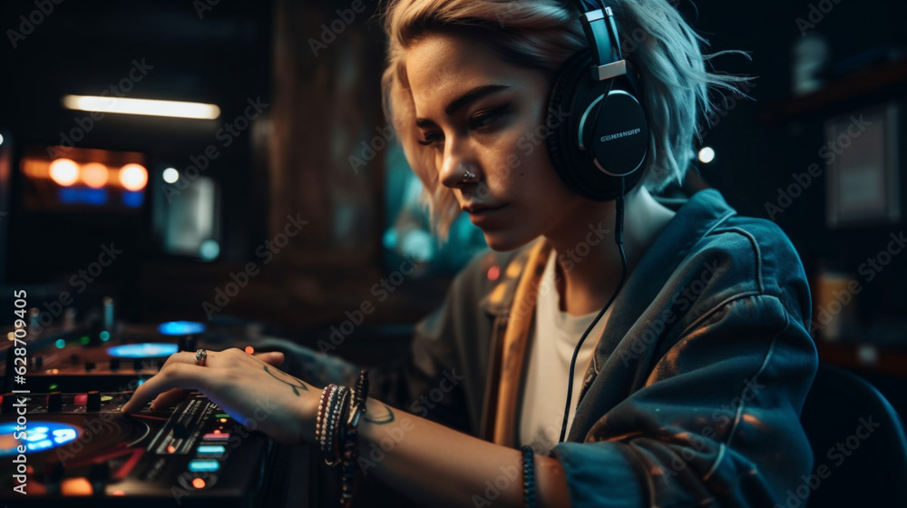 Empowering Rhythms: Female DJ Rocking the Stage with Headphones - Made with Generative AI