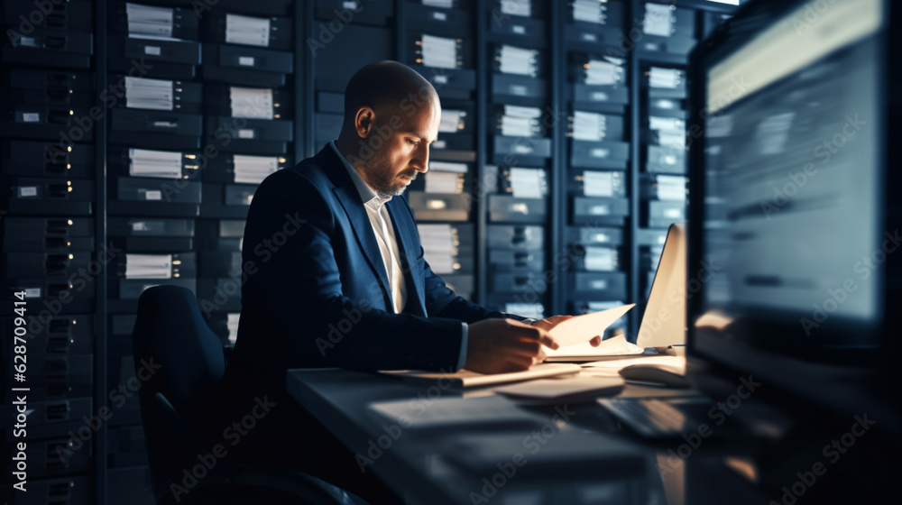 Confident Finance Professional Reviewing Papers in a Document Room - Made with Generative AI Confident Finance Professional Reviewing Papers in a Document Room - Made with Generative AI
