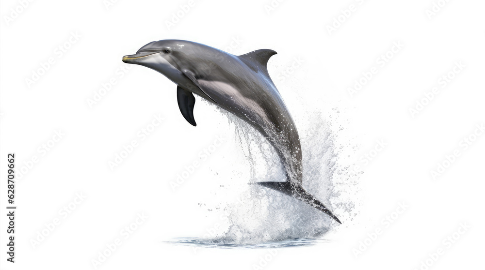 Obraz premium Dolphin jumping out of water, dolphin isolated on white background, dolphin jumping isolated on white.