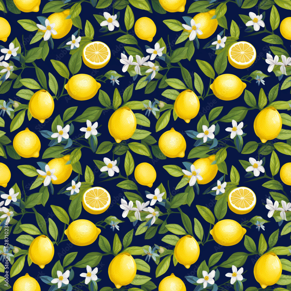 レモンスライス、木、花のシームレス背景イラスト　Generative AI