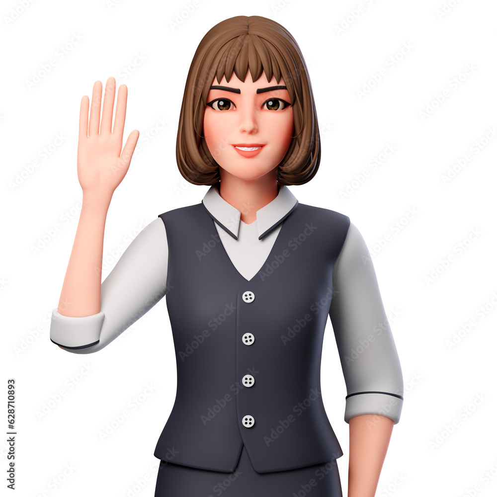 3D Illustration of Business woman Showing raised left hand, want to answer or ask 3D Illustration of Business woman Showing raised left hand, want to answer or ask
