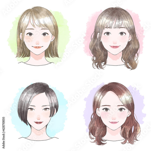 女性　正面　水彩風イラスト　セット