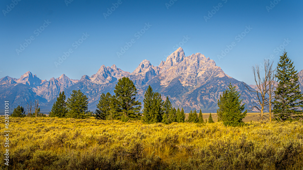 Blue sky over the majestic mountain peaks of Grand Teton National Park, Wyoming, USA