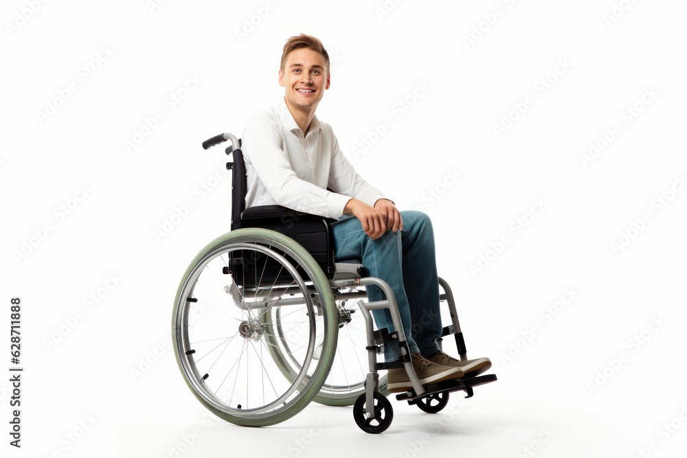 a handsome young model handicapped man sitting in a wheelchair. guy can't walk after a back spine injury. isolated on white studio background. Generative AI a handsome young model handicapped man sitting in a wheelchair. guy can't walk after a back spine injury. isolated on white studio background. Generative AI