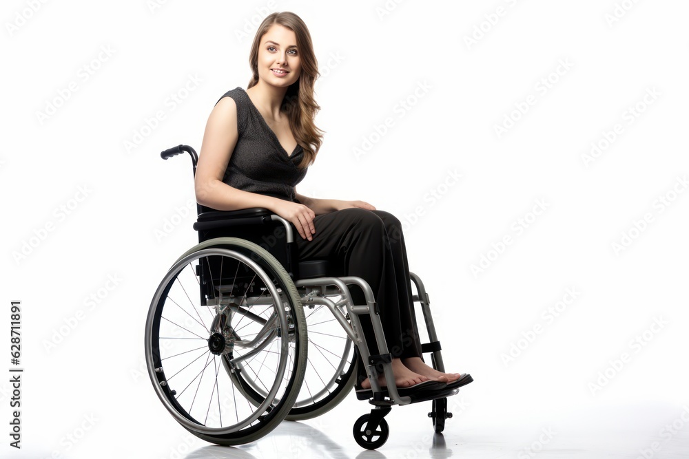 a beautiful young model handicapped woman sitting in a wheelchair. girl can't walk after a back spine injury. isolated on white studio background. Generative AI a beautiful young model handicapped woman sitting in a wheelchair. girl can't walk after a back spine injury. isolated on white studio background. Generative AI