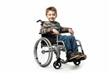 a handsome young cute model handicapped kid boy sitting in a wheelchair. child can't walk after a back spine injury. isolated on white studio background. Generative AI