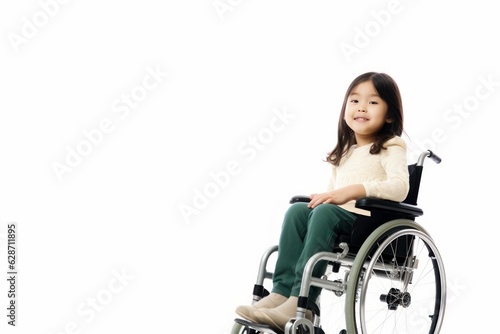 a beautiful young cute model handicapped asian kid girl sitting in a wheelchair. child can't walk after a back spine injury. isolated on white studio background. Generative AI © SayLi