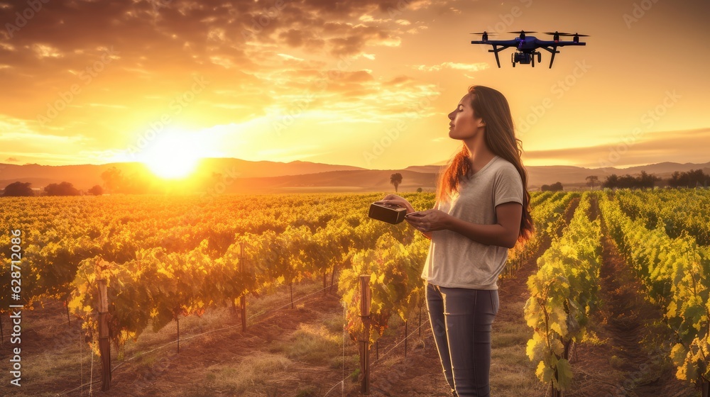 Fototapeta premium Smart Farming aerial smart agriculture drone, data driven farming automation, future of agriculture, smart precision future of crop management, spraying fertilizer agricultural drone fly, agritech eco