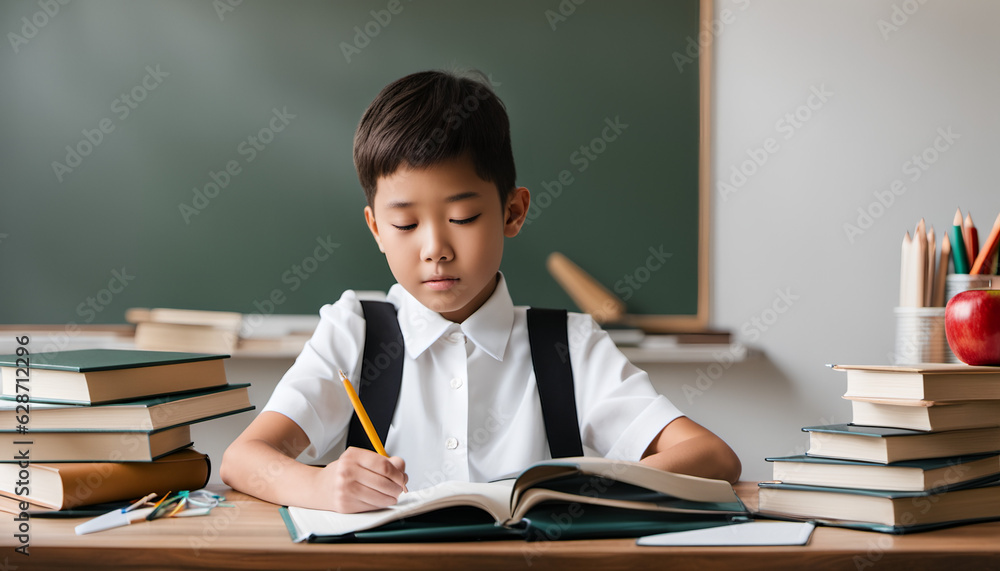 Child studying in classroom with books and blackboard Child studying in classroom with books and blackboard