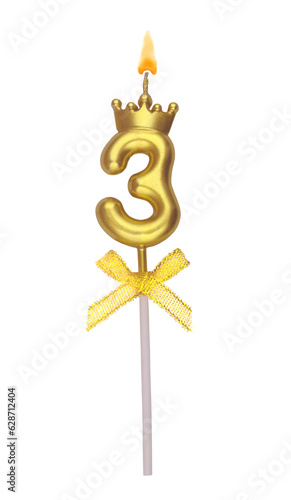 Burning golden birthday candle with crown isolated on white background, number 3. © Valerii Evlakhov