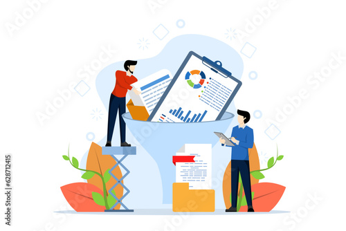 data filter concept, person with Business report in funnel, tidy up business report, sorting necessary and unnecessary data. document archive. flat vector illustration on a white background.