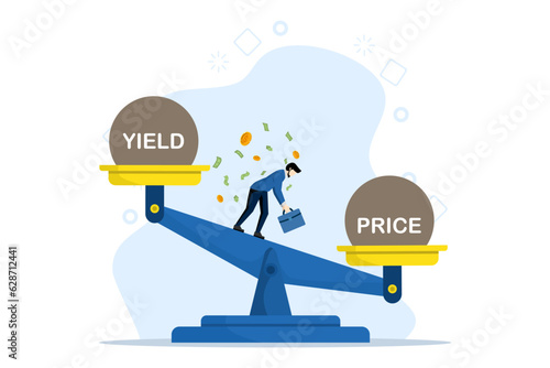 Government bonds. Entrepreneurs or speculators are influenced by government bonds. stess businessman standing on the scales. investment, monetary fund. flat vector illustration on a white background.